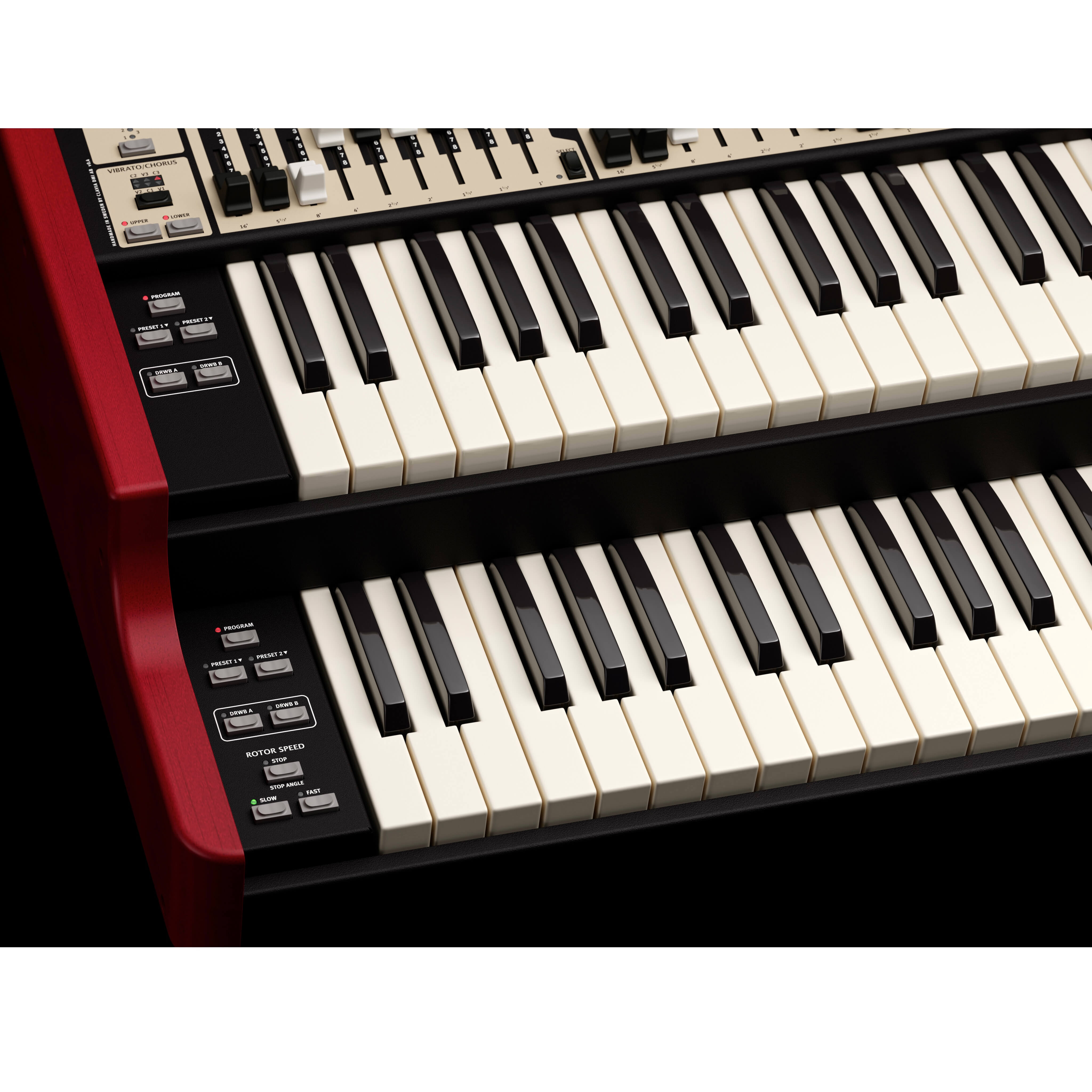 Nord Organ 3 with 2x61-key Triple Sensor Semi-Weighted Waterfall Keyboard, upper and lower manuals detail view