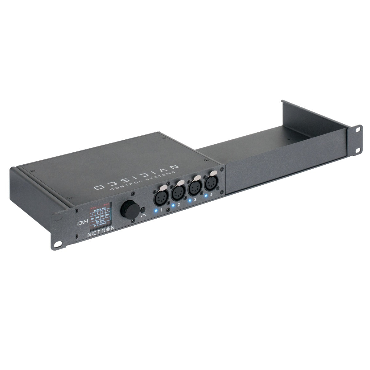 Obsidian Netron NetShelf - 19" Rack Shelf for Netron Half-rack Devices, shown with one EN 4 and blank plate