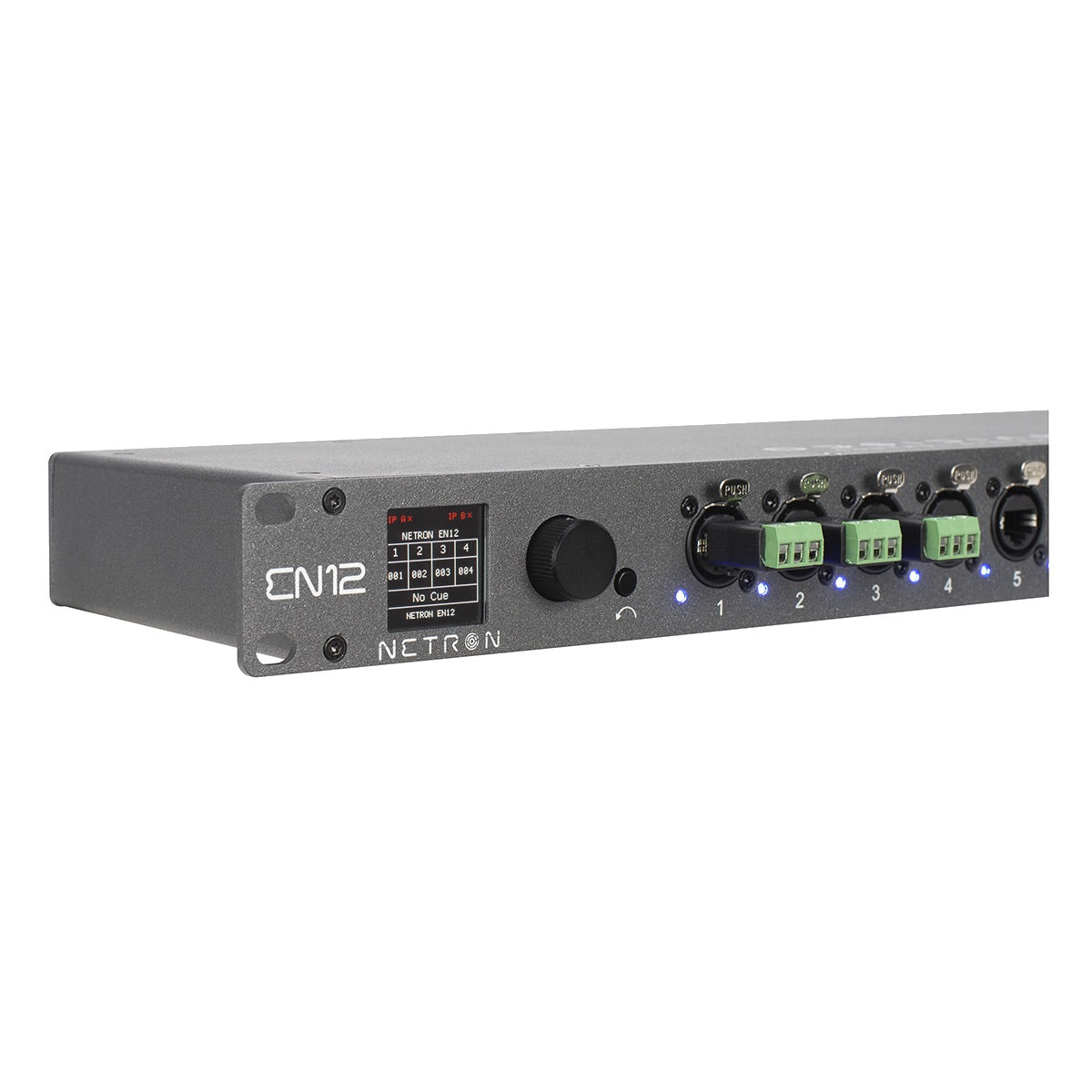 Obsidian Netron RJ-T - RJ45 to Terminal Block DMX Adaptor, shown mounted in the ports of an EN12