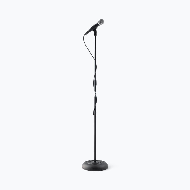 On-Stage MS7201B - Round-Base Microphone Stand, shown with optional mic