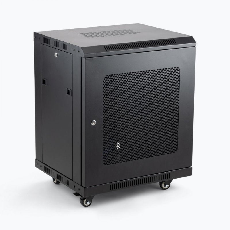 On-Stage RKD1200 - 12U Wall-Mount Knock-Down Rack, front angle with casters