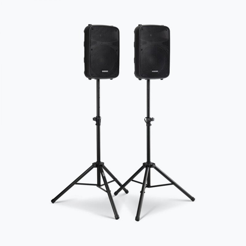 On-Stage SSP7750 Compact Speaker Stand Pack, shown with speakers