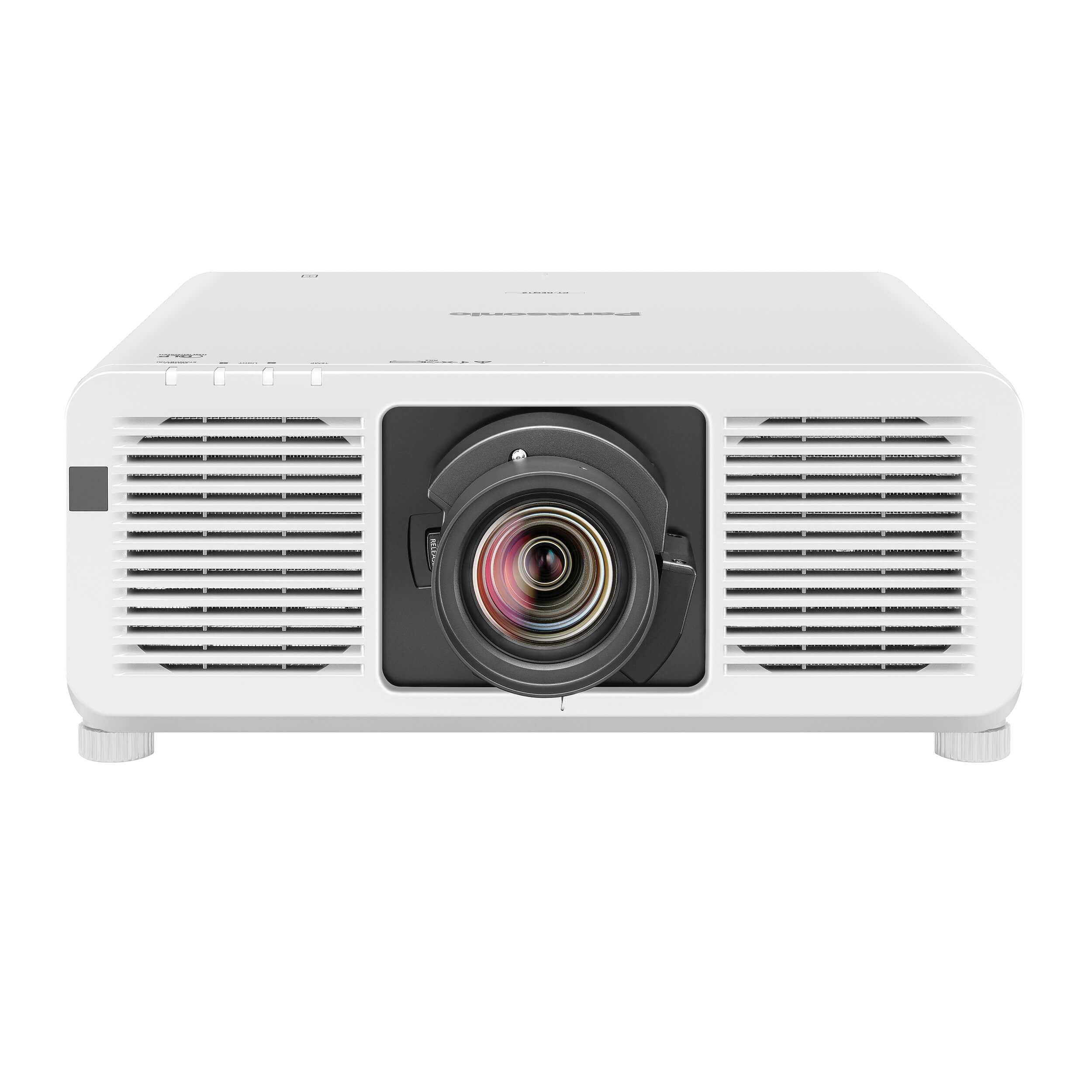 Panasonic PT-REQ80LWU - 1-Chip DLP 4K Laser Projector, front view shown with optional lens