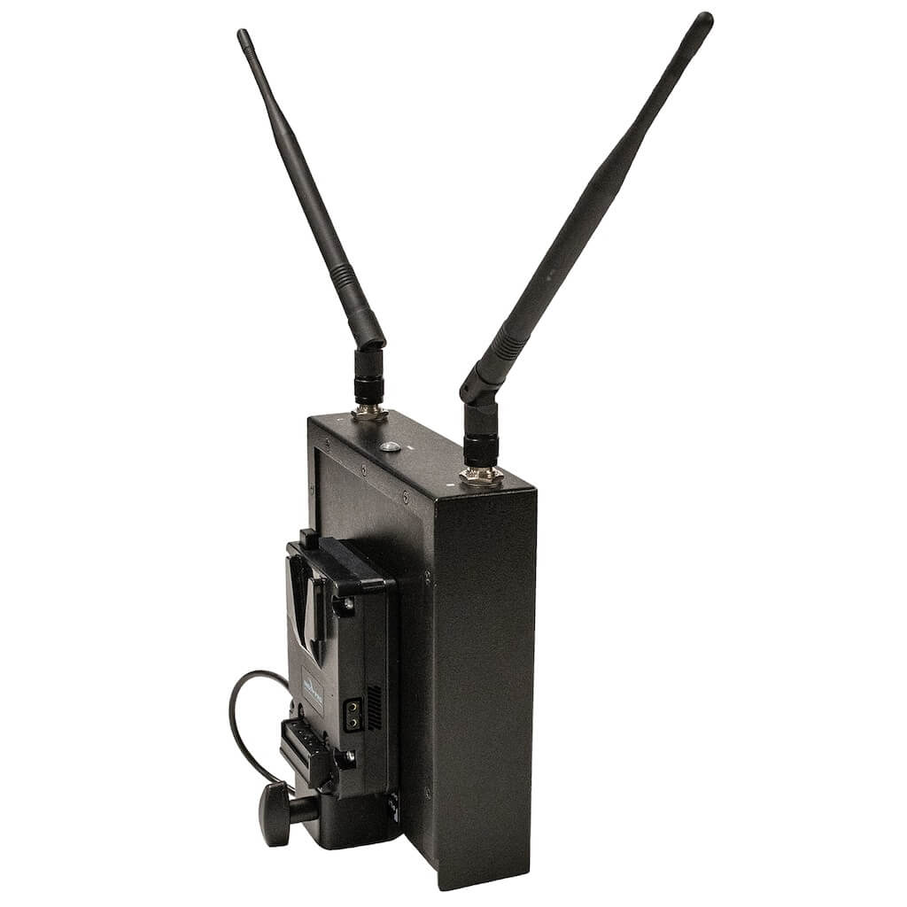 Pliant Technologies PBT-VMNT-MTRT - V-Mount Battery Adapter Plate, shown with optional CrewCom Radio Transceiver