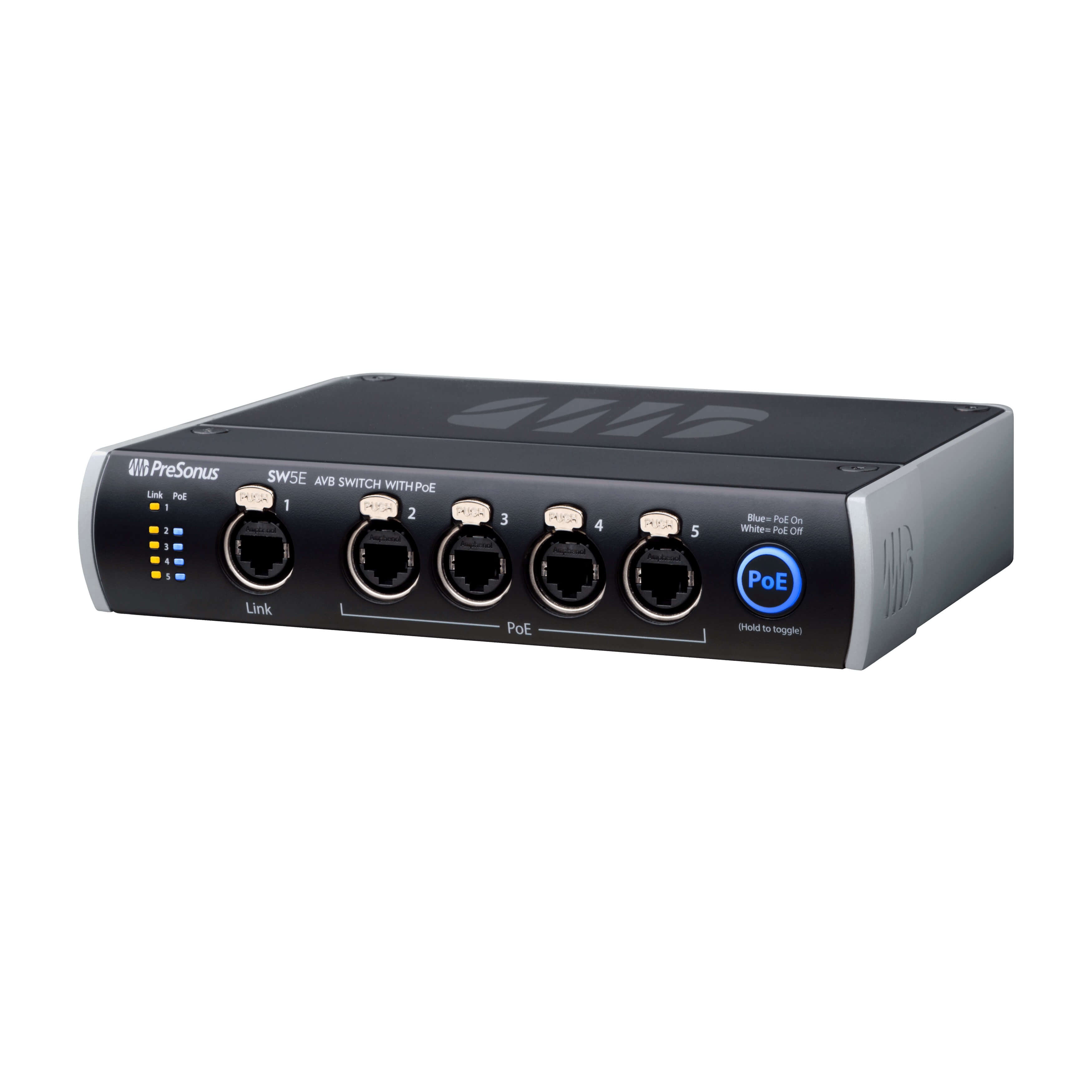 PreSonus SW5E - 5-Port AVB Network Switch and Bridge with PoE, angle