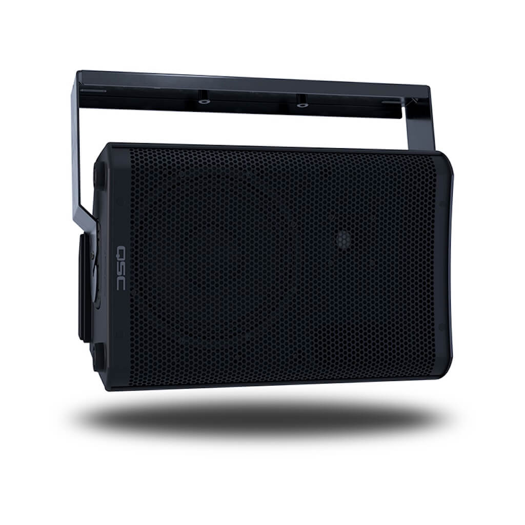 QSC CP8 - 1000W 8-inch Compact Powered Loudspeaker, shown with optional yoke bracket