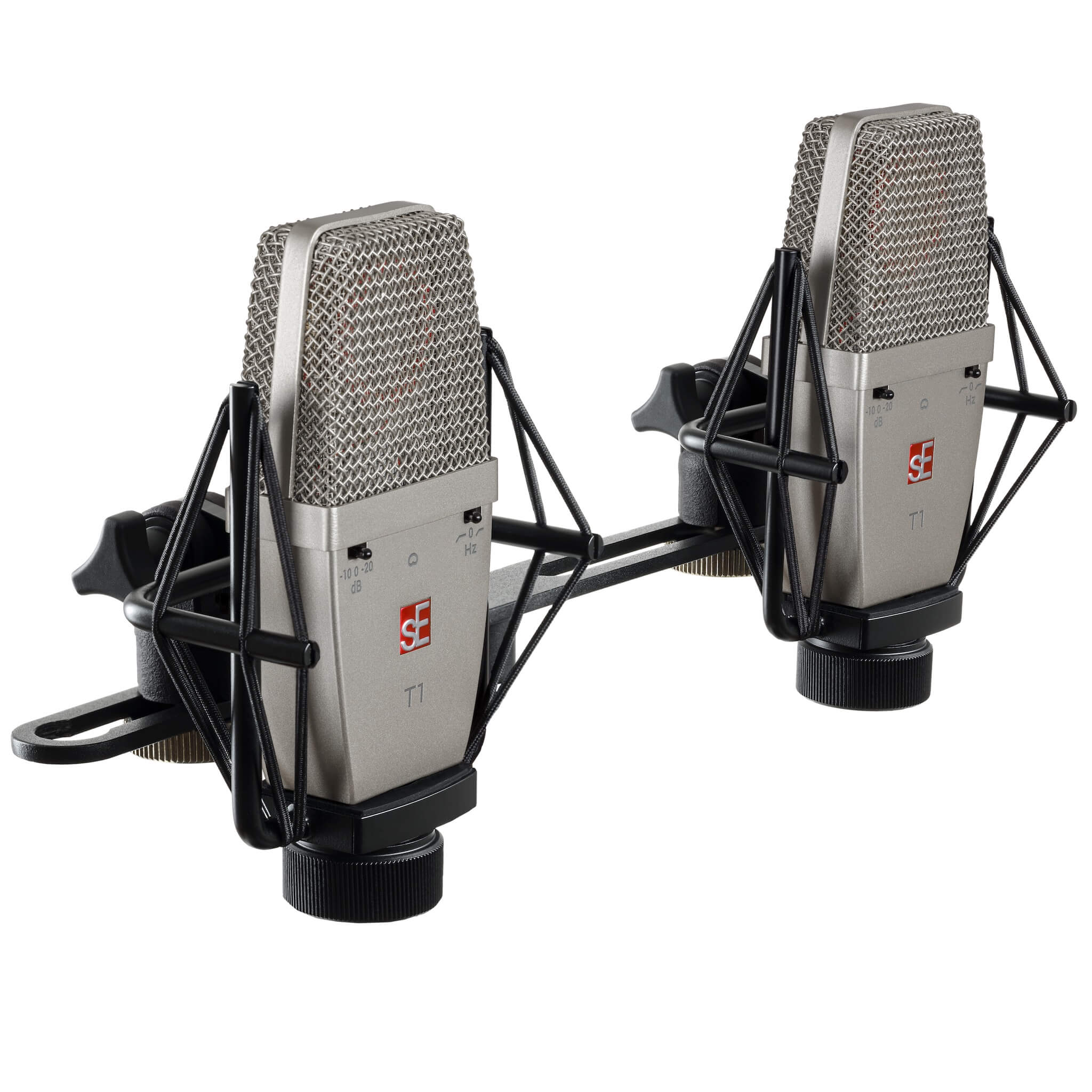 sE Electronics T1 (P) - Factory Matched Pair of T1 Microphones, shown with included stereo bar and shockmounts