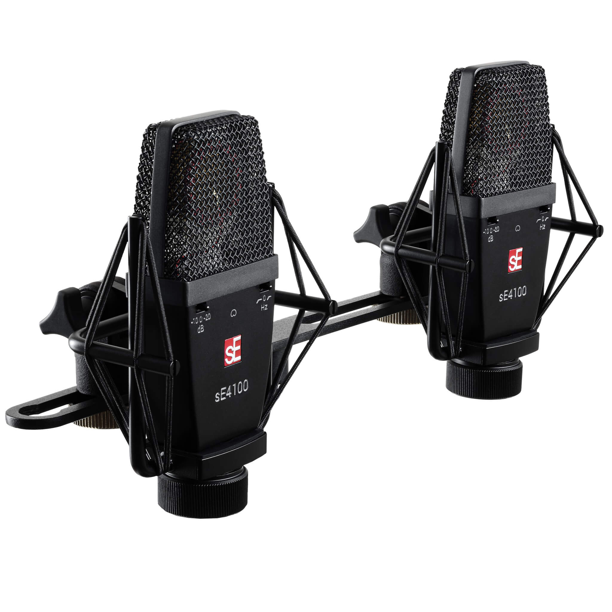 sE Electronics sE4100 (P) - Factory Matched Pair of sE4100 Microphones, shown with included stereo bar and shockmounts