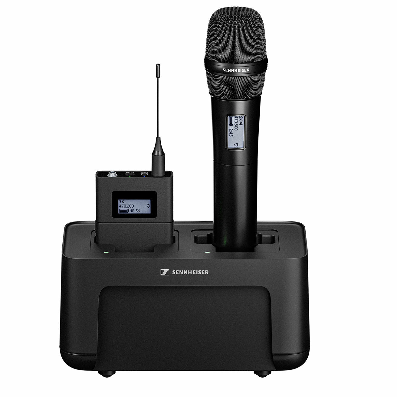 Sennheiser CHG 70N-C + PSU KIT, shown with beltpack and handheld microphone