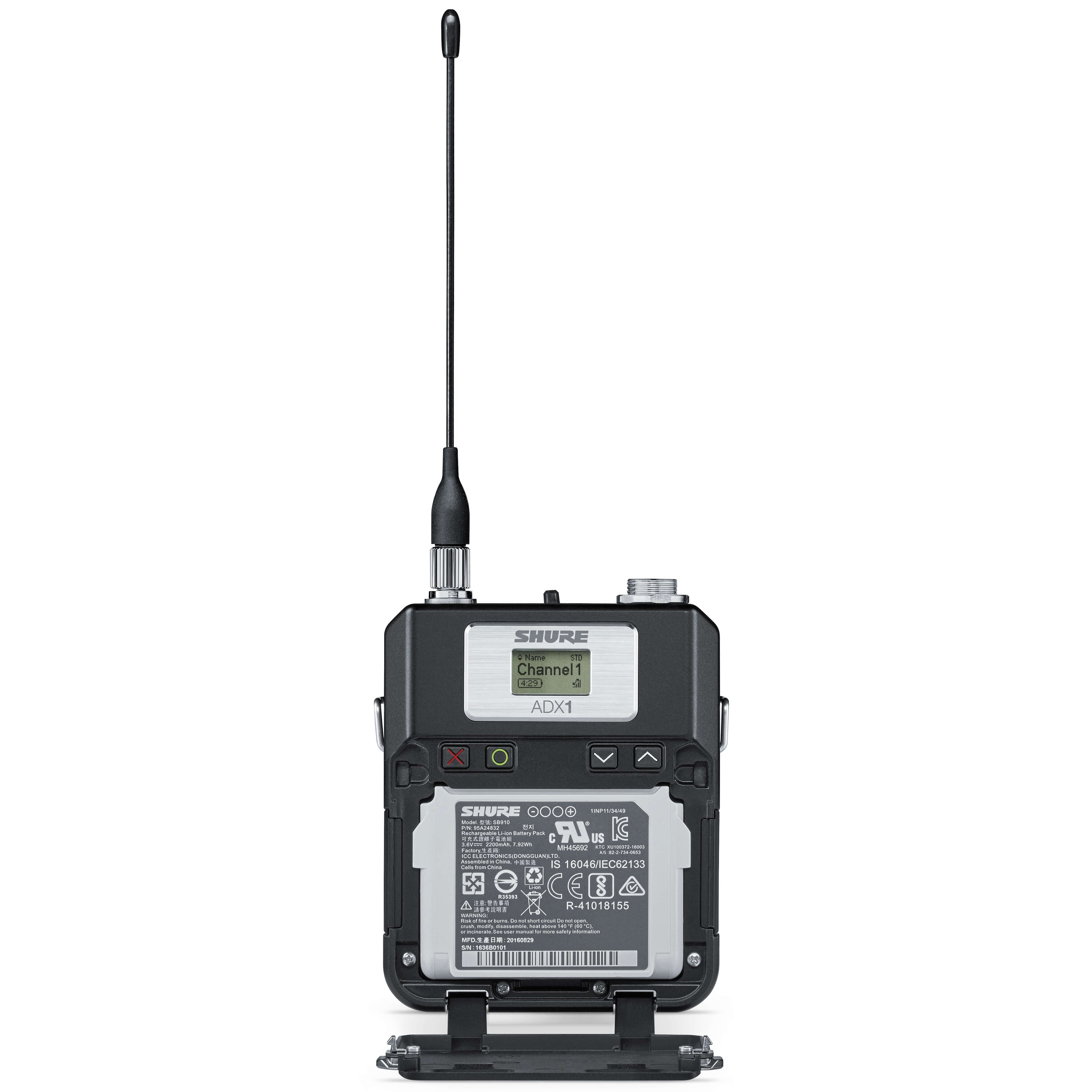 Shure ADX1 - Axient Digital Wireless Bodypack Transmitter, battery door open