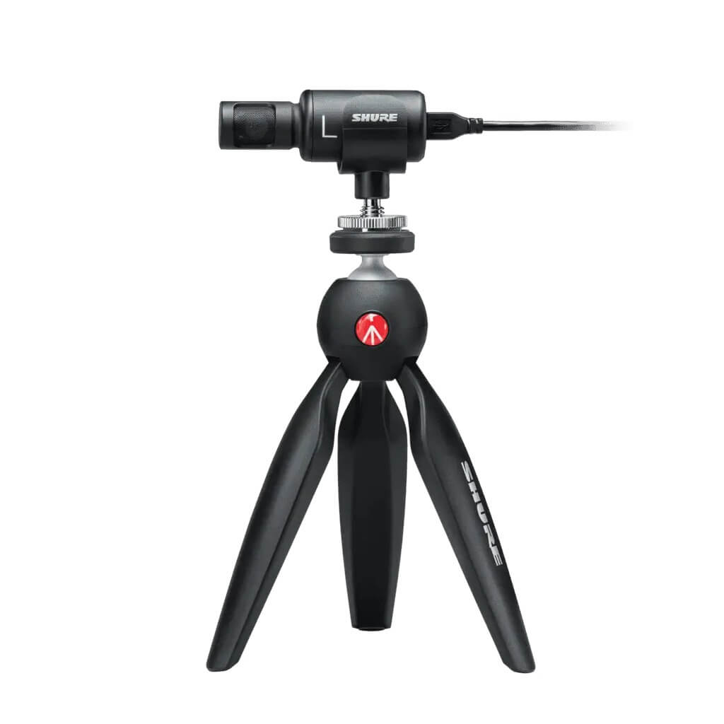 Shure MV88+ Video Kit - Stereo USB Condenser Microphone, Manfrotto PIXI tripod, and shoe-mount mic clip.