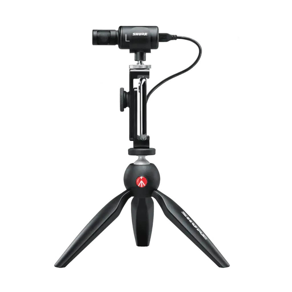 Shure MV88+ Video Kit - Stereo USB Condenser Microphone, Manfrotto PIXI tripod, phone clamp and shoe-mount mic clip.