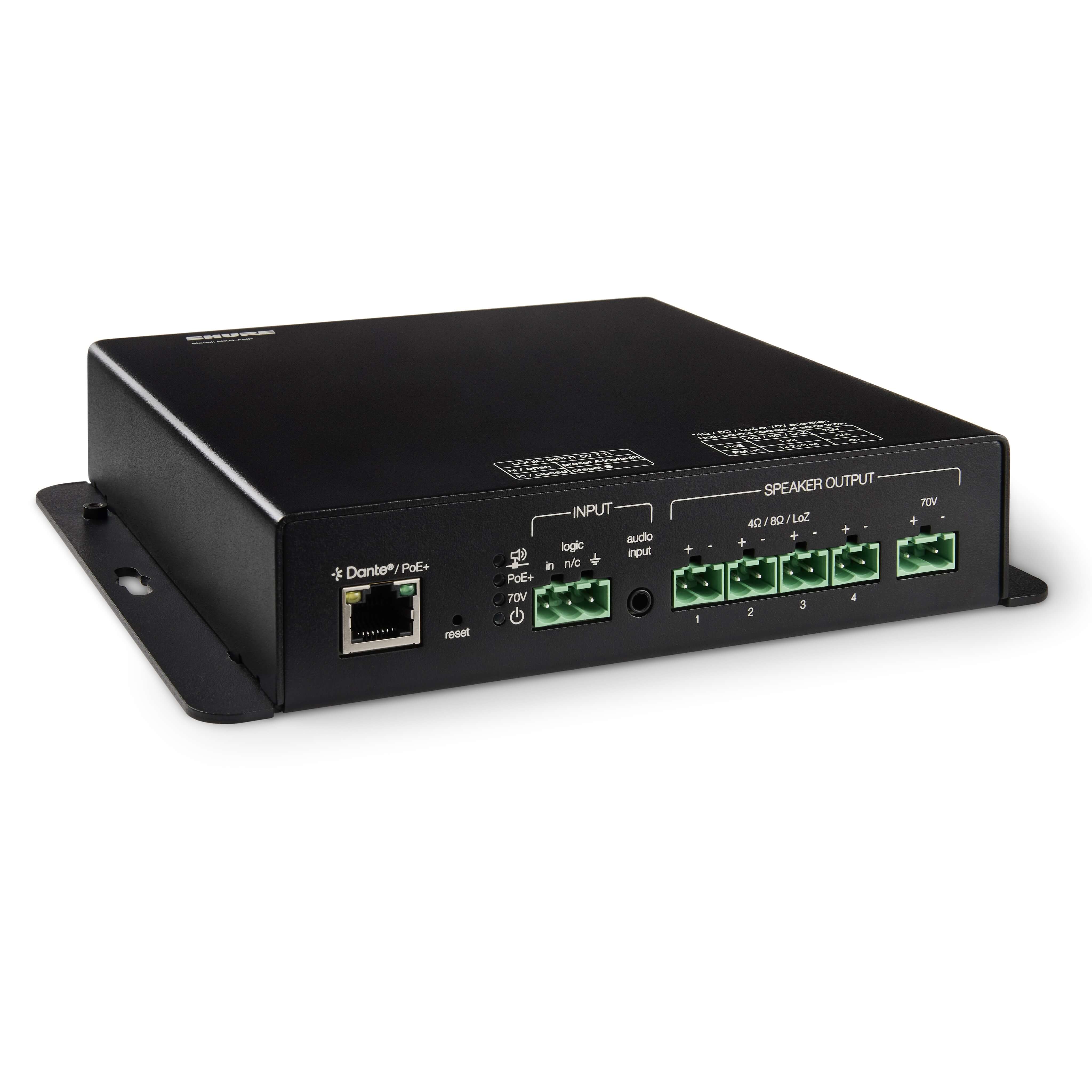 Shure MXN-AMP - Microflex Multichannel PoE+ Powered Amplifier, angled view