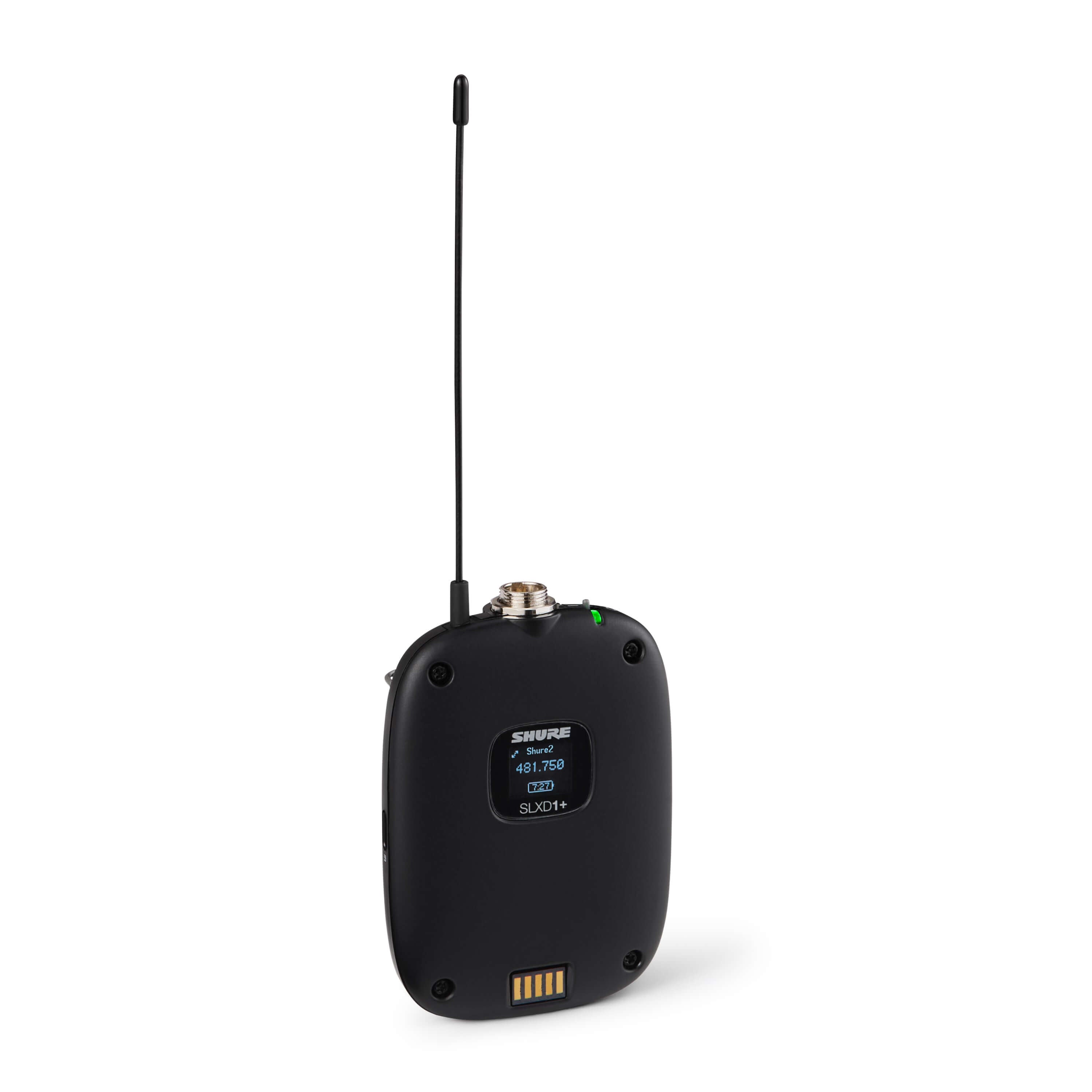 Shure SLXD1+ Digital Wireless Bodypack Transmitter, angled right