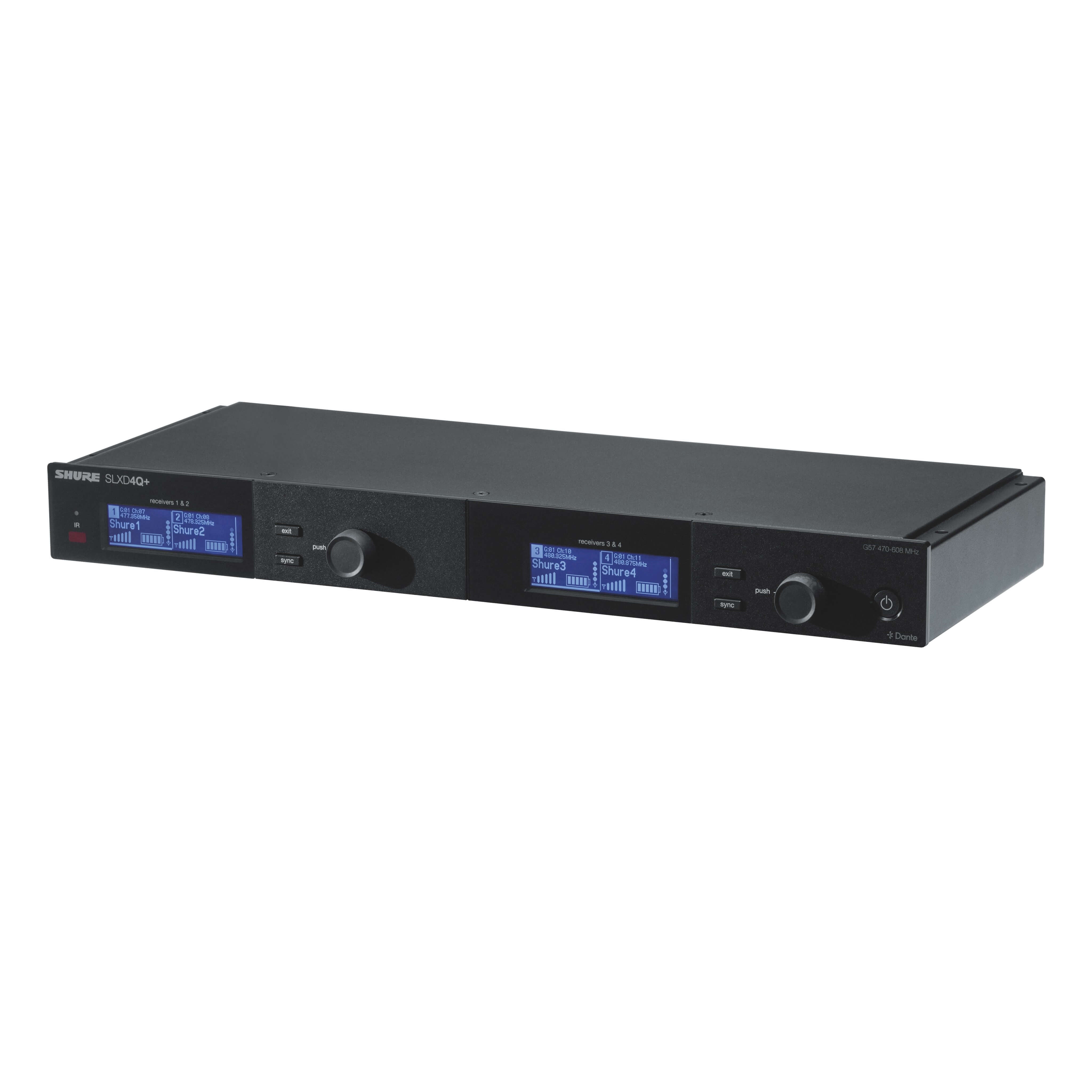 Shure SLXD4QDAN+ Quad Channel Digital Wireless Receiver with Dante, angled left