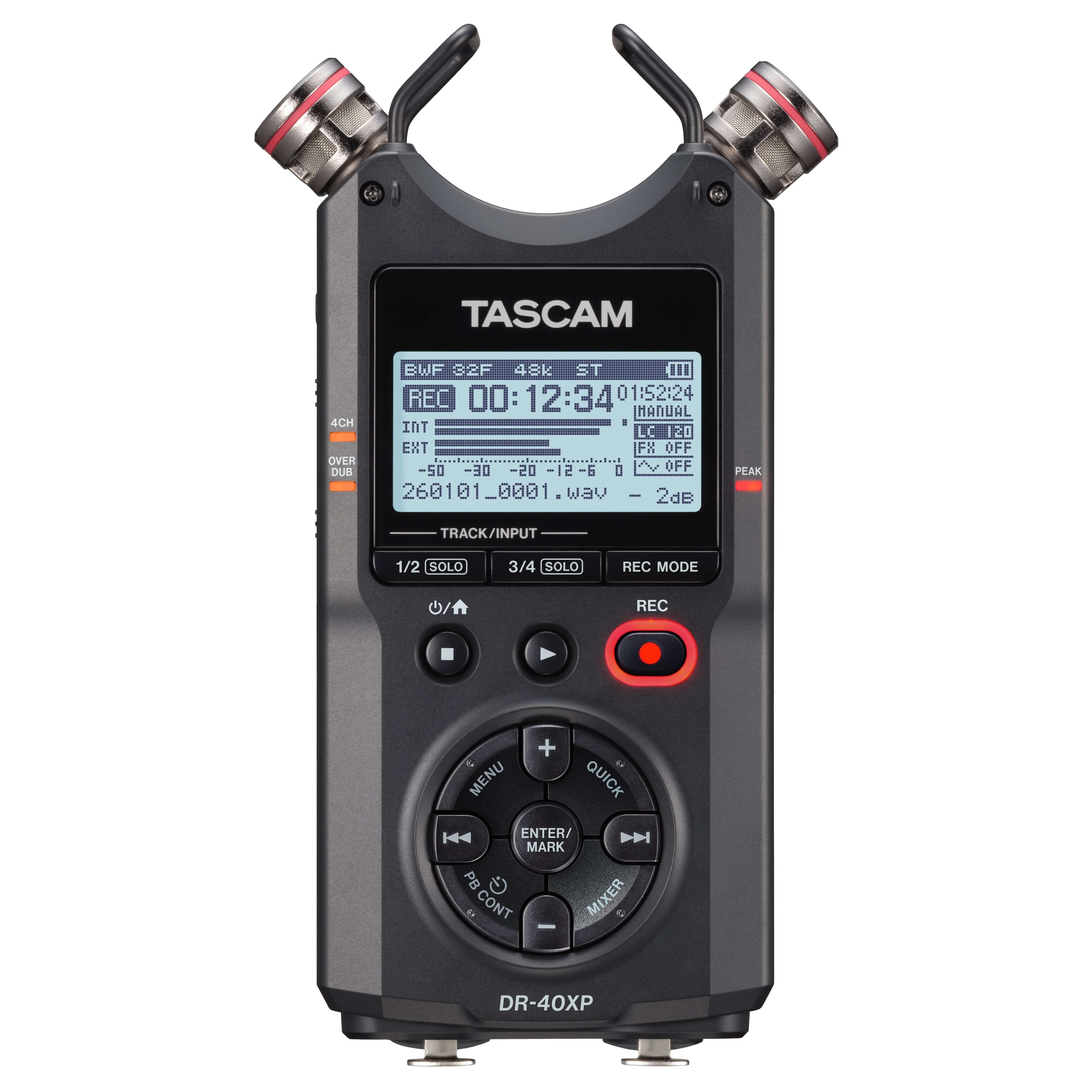 Tascam DR-40XP - 4-Ch 32-Bit Float Multi-Track Portable Field Recorder, front a-b