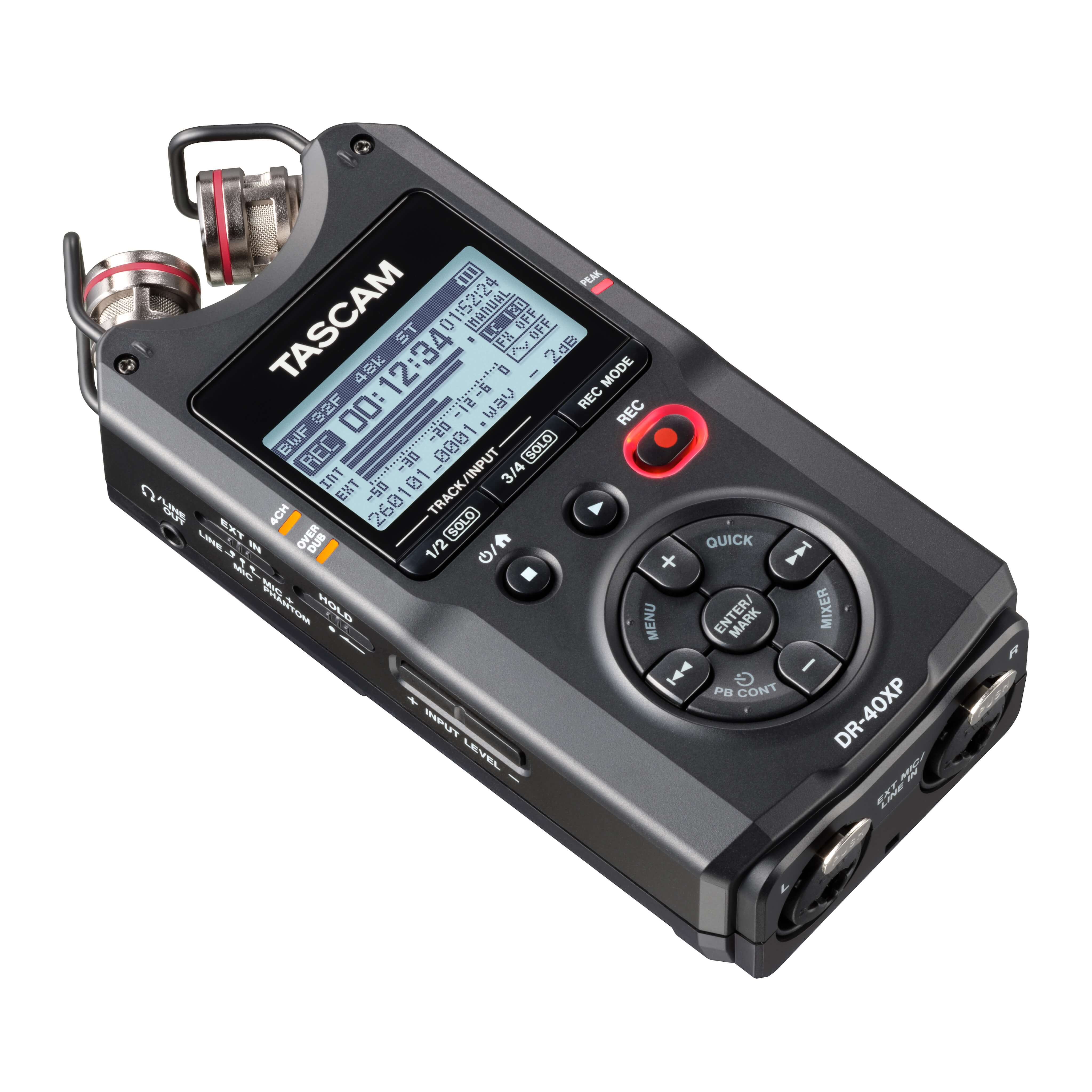 Tascam DR-40XP - 4-Ch 32-Bit Float Multi-Track Portable Field Recorder, angled