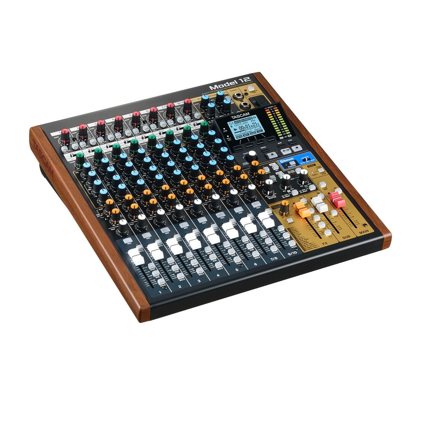 Tascam Model 12 - 12-Track Digital Recording Mixer with DAW Controller, angled left