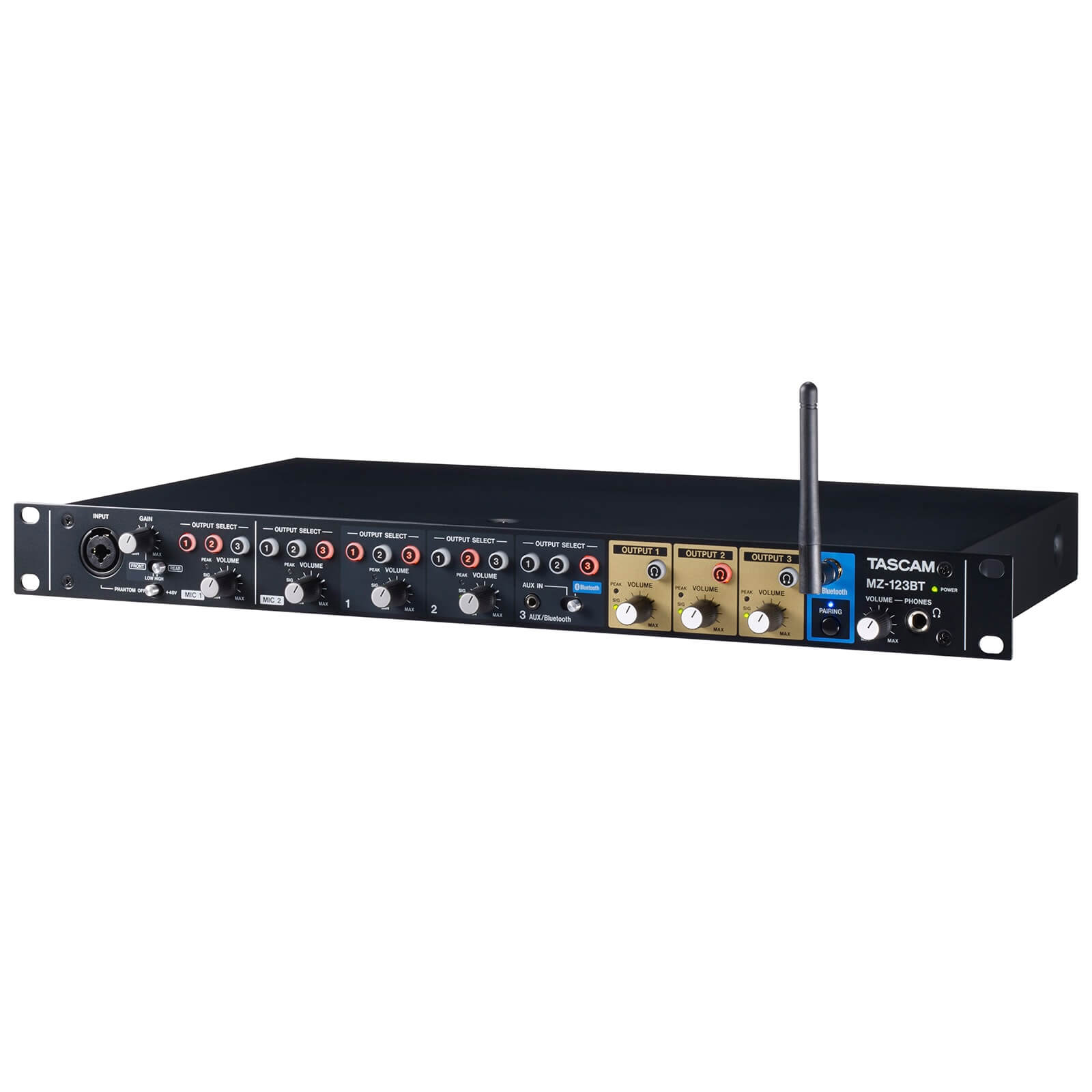Tascam MZ-123BT - 3-Channel Rackmount Multi-Zone Mixer with Bluetooth, angle