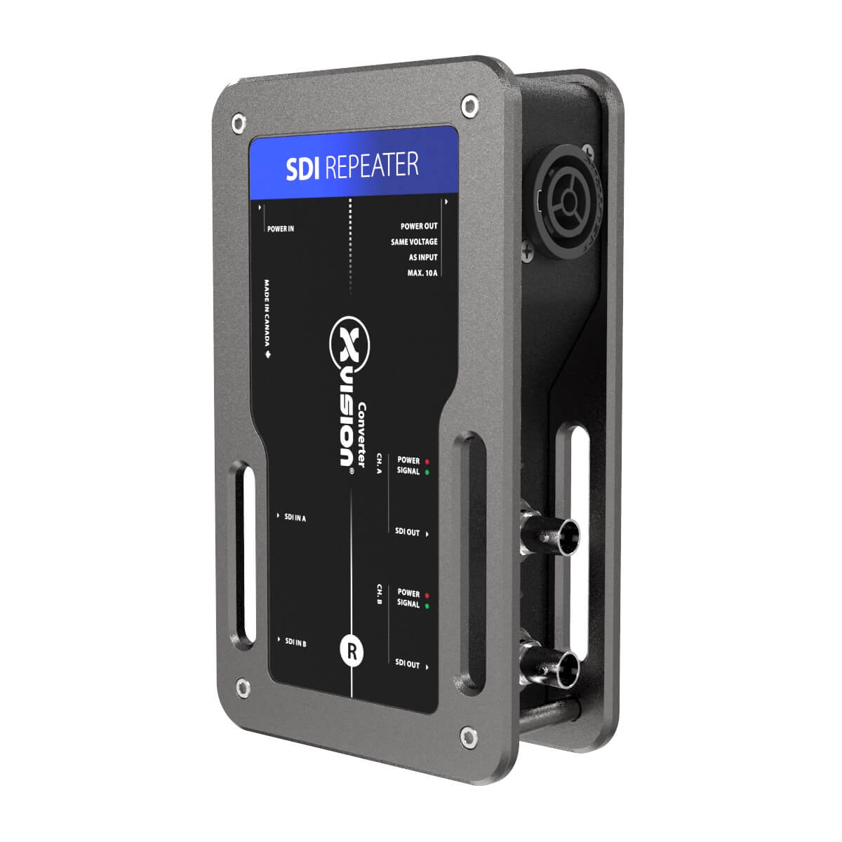 Theatrixx XVVSDI2SDIT1 - xVision Converter, 3G-SDI Repeater with True 1 power connector, front angle