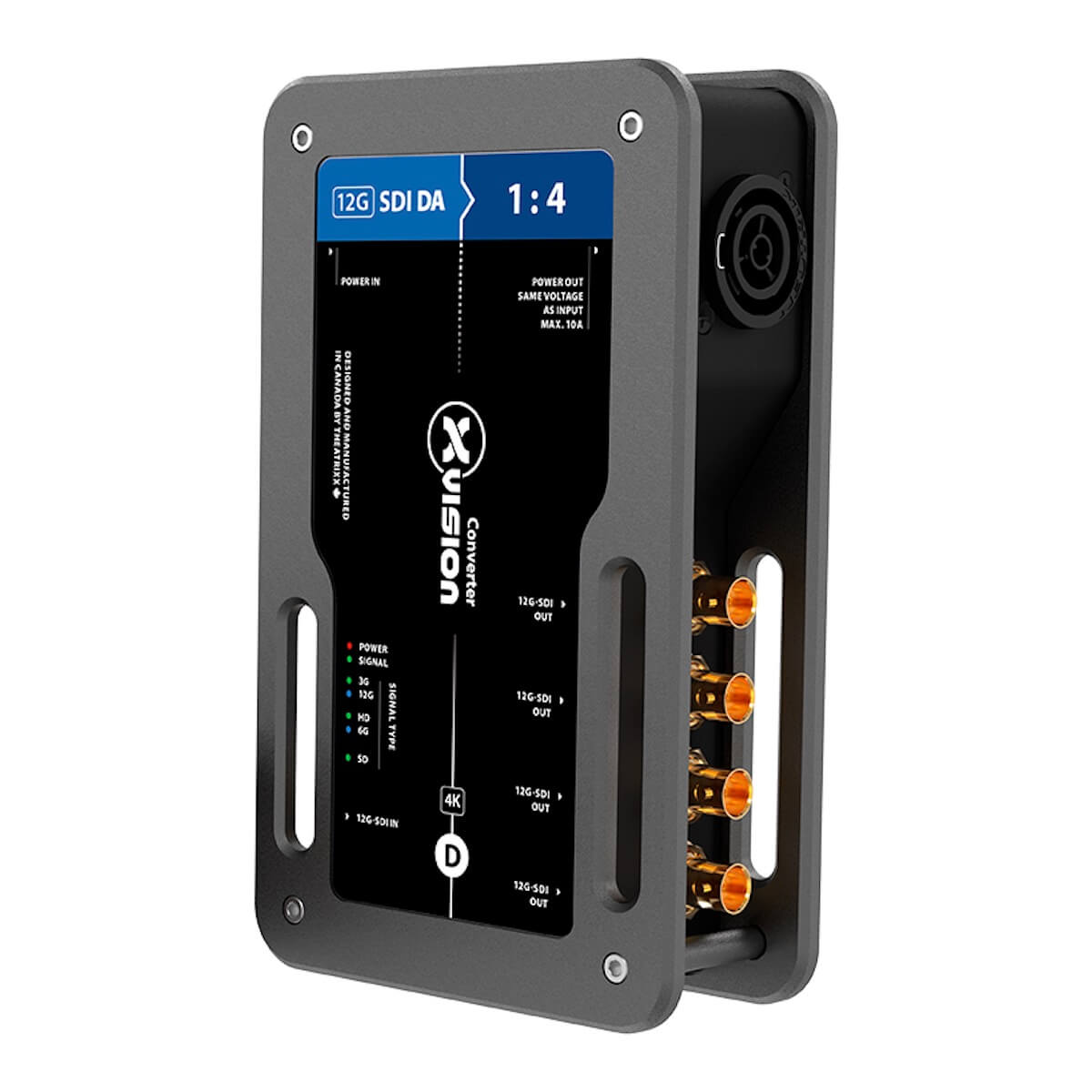 Theatrixx XVVSDIDA4T1-12G - xVision Converter, 12G-SDI Distribution Amp 1:4 with True1, front angle