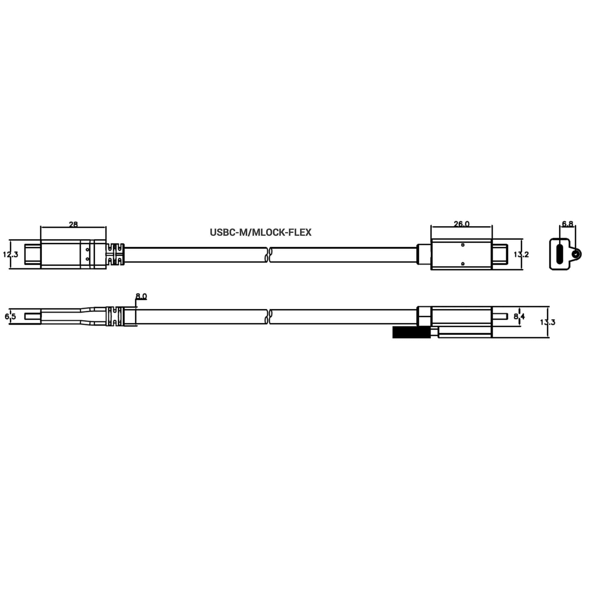 TiGHT AV USBC-M/MLOCK-FLEX - USB-C 4K60 Cable with Locking Connector, dimensions