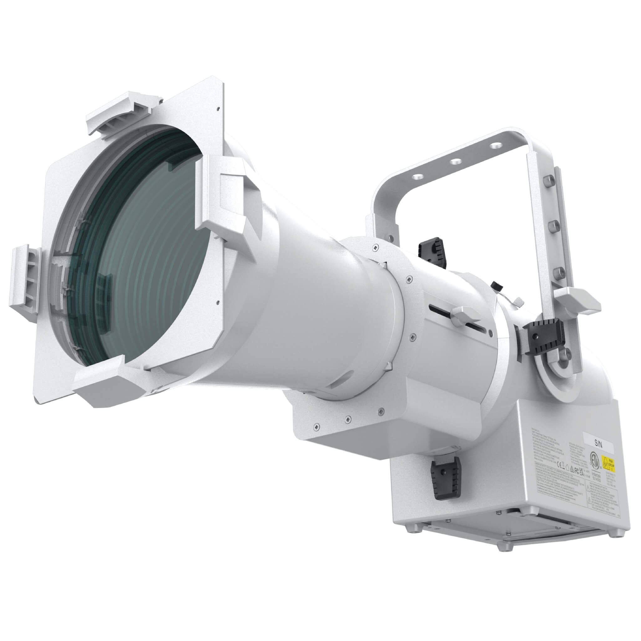 Vari-Lite VL600 Acclaim PLE RGBL Full Color LED Ellipsoidal Profile, white. Shown with optional D10 lens tube.