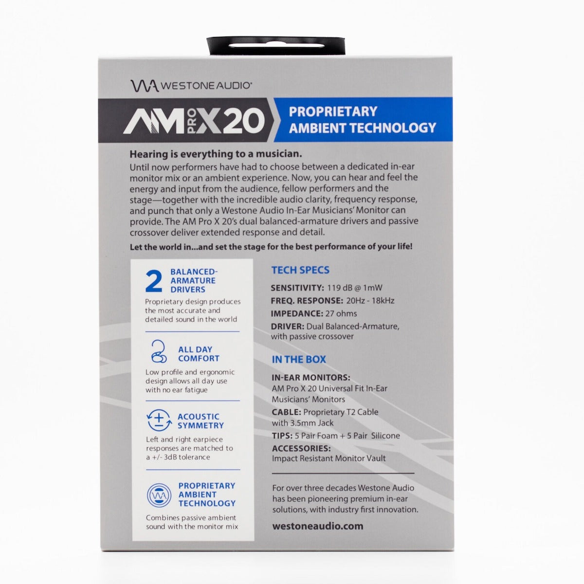 Westone AM Pro X20 - Dual-Driver Musician IEM with Passive Ambience, retail box rear