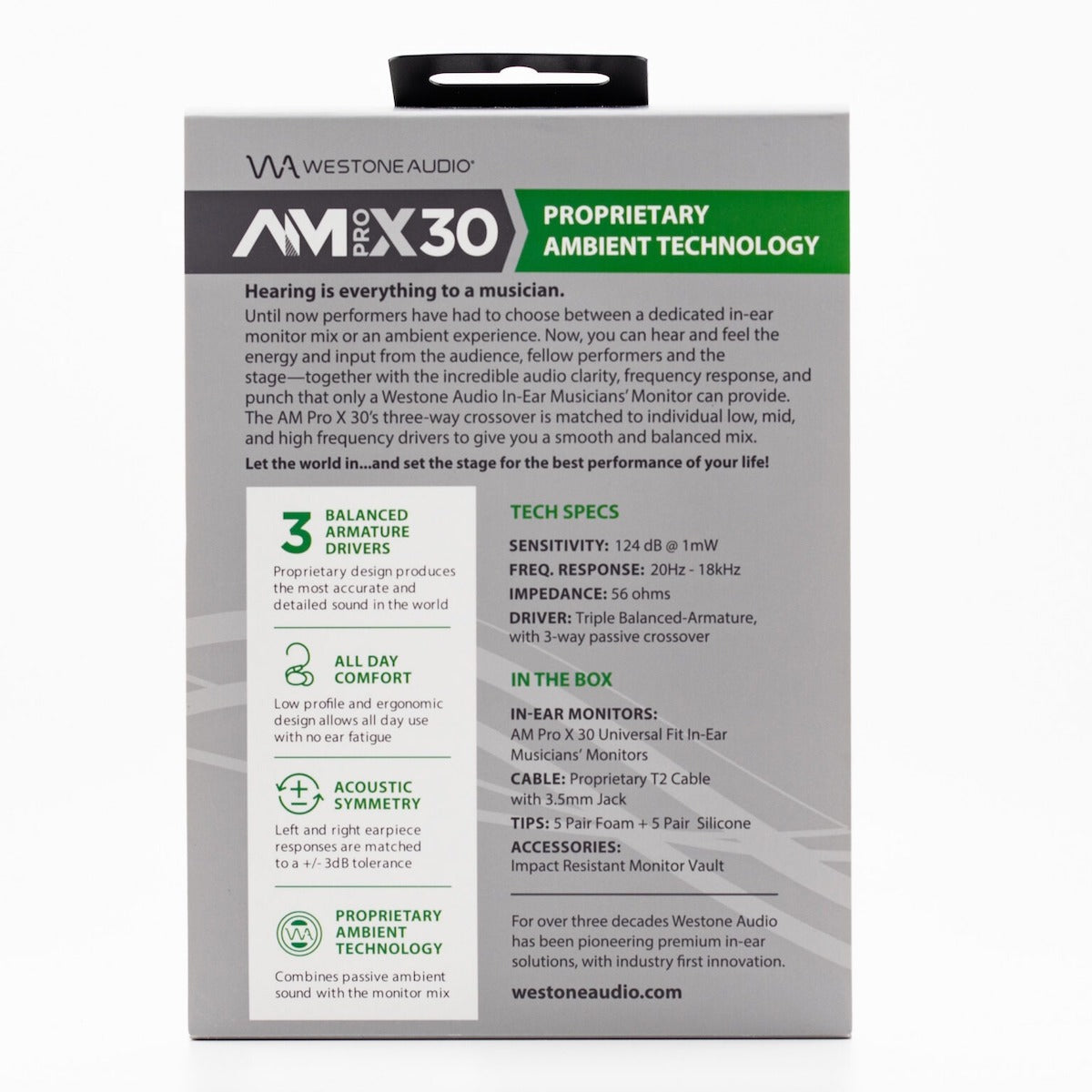 Westone AM Pro X30 - Triple-Driver Musician IEM with Passive Ambience, retail box rear