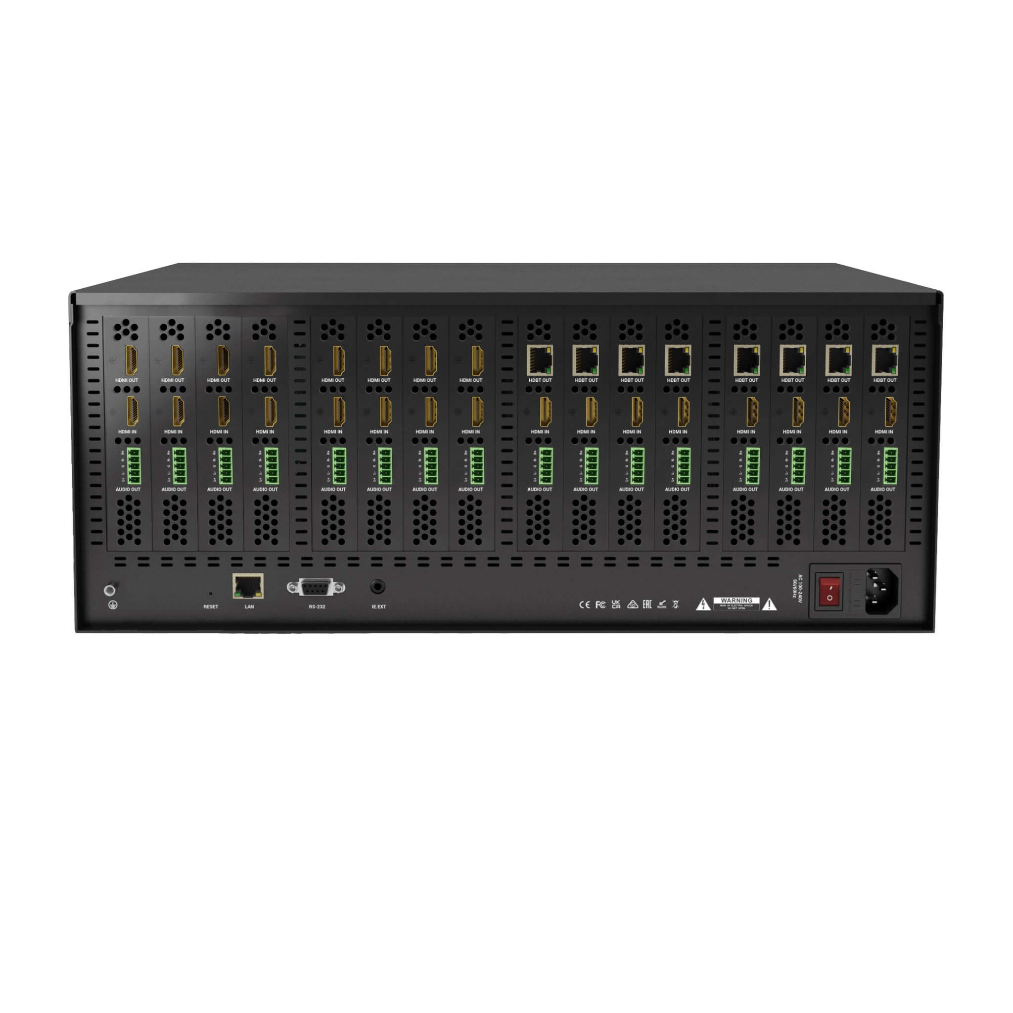 WyreStorm MX-1616-SCL - Advanced 16×16 Seamless Scaling Matrix Chassis, rear with 16 cards