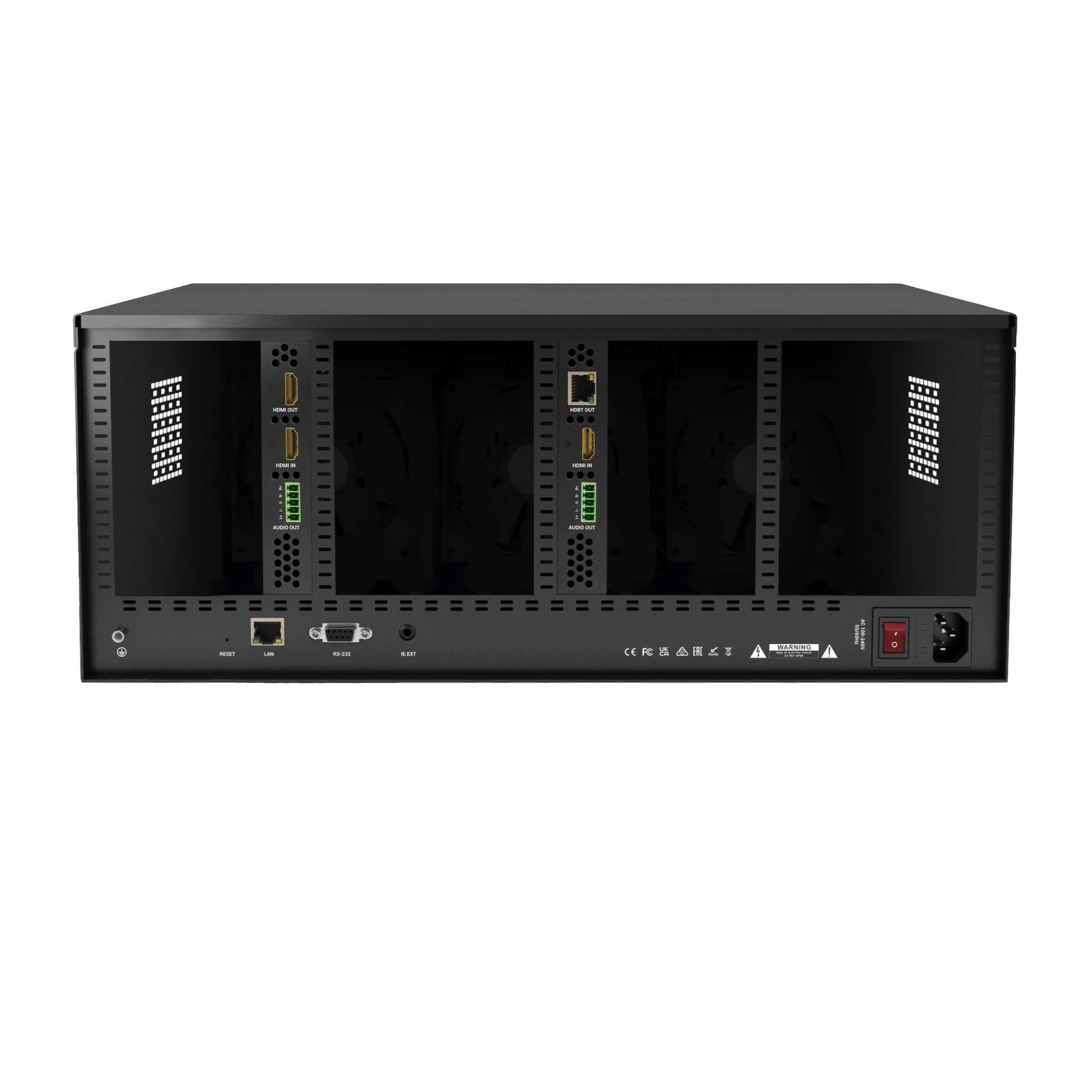 WyreStorm MX-1616-SCL - Advanced 16×16 Seamless Scaling Matrix Chassis, rear with 2 cards