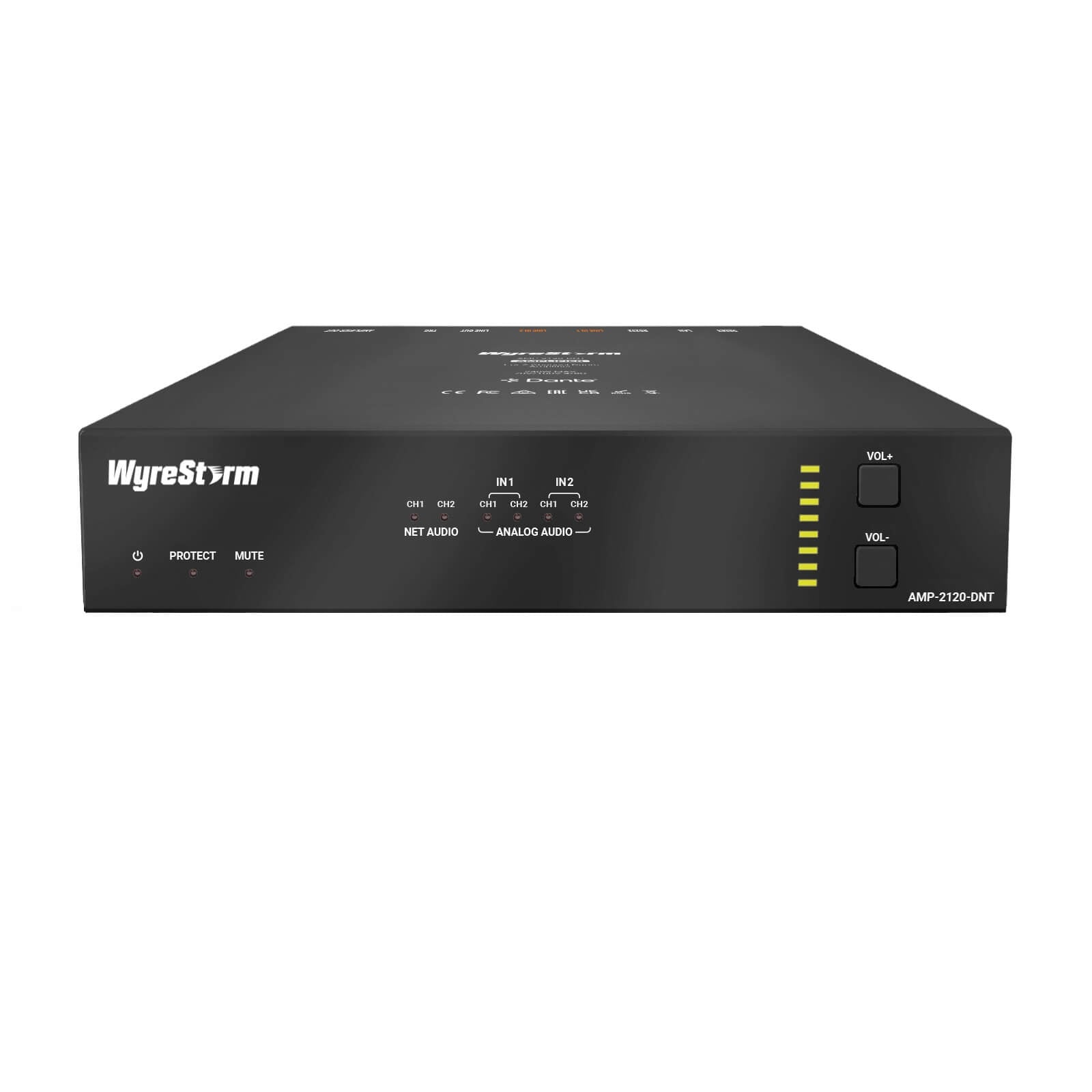 WyreStorm AMP-2120-DNT - 1 or 2 Channel Dante Audio Amplifier, front