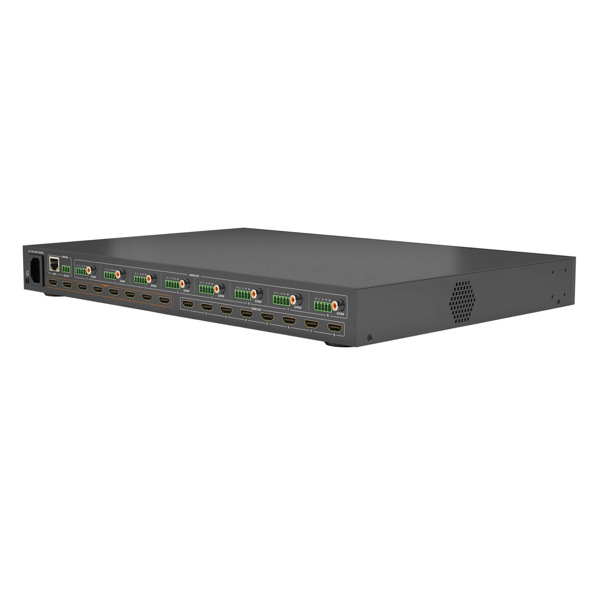 WyreStorm MX-0808-H2A-MK2 - 4K HDR 4:4:4 60Hz HDMI 8x8 Matrix Switcher, rear angle