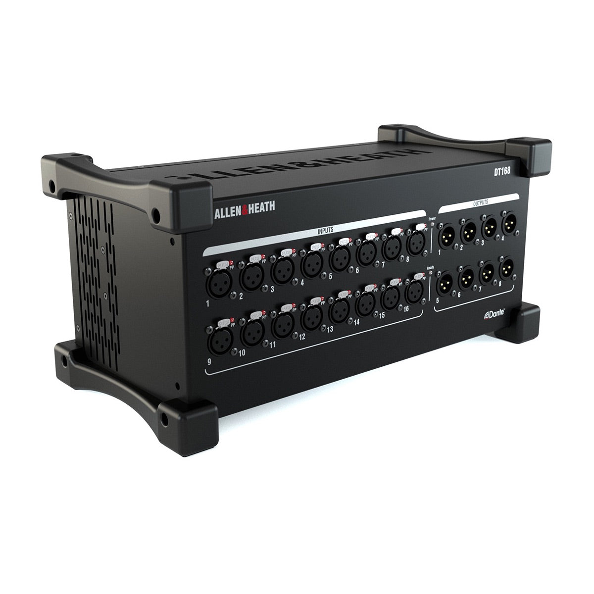 Allen & Heath DT168 - 16 XLR Input, 8 XLR Output, 96kHz Dante Expander, front left angle