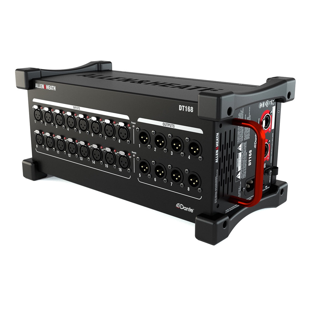 Allen & Heath DT168 - 16 XLR Input, 8 XLR Output, 96kHz Dante Expander, front right angle