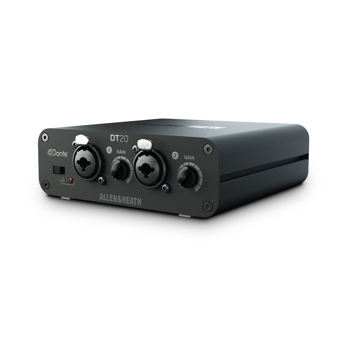 Allen & Heath DT20 - Dante Input Interface with 2 XLR Inputs, front angle