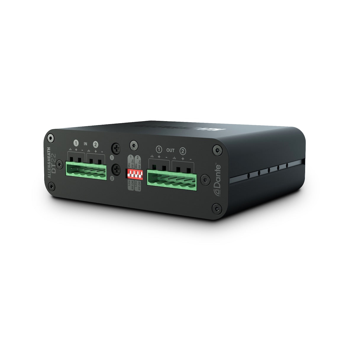 Allen & Heath DT22 - Dante I/O Interface with 2 Inputs, 2 Outputs, front angle