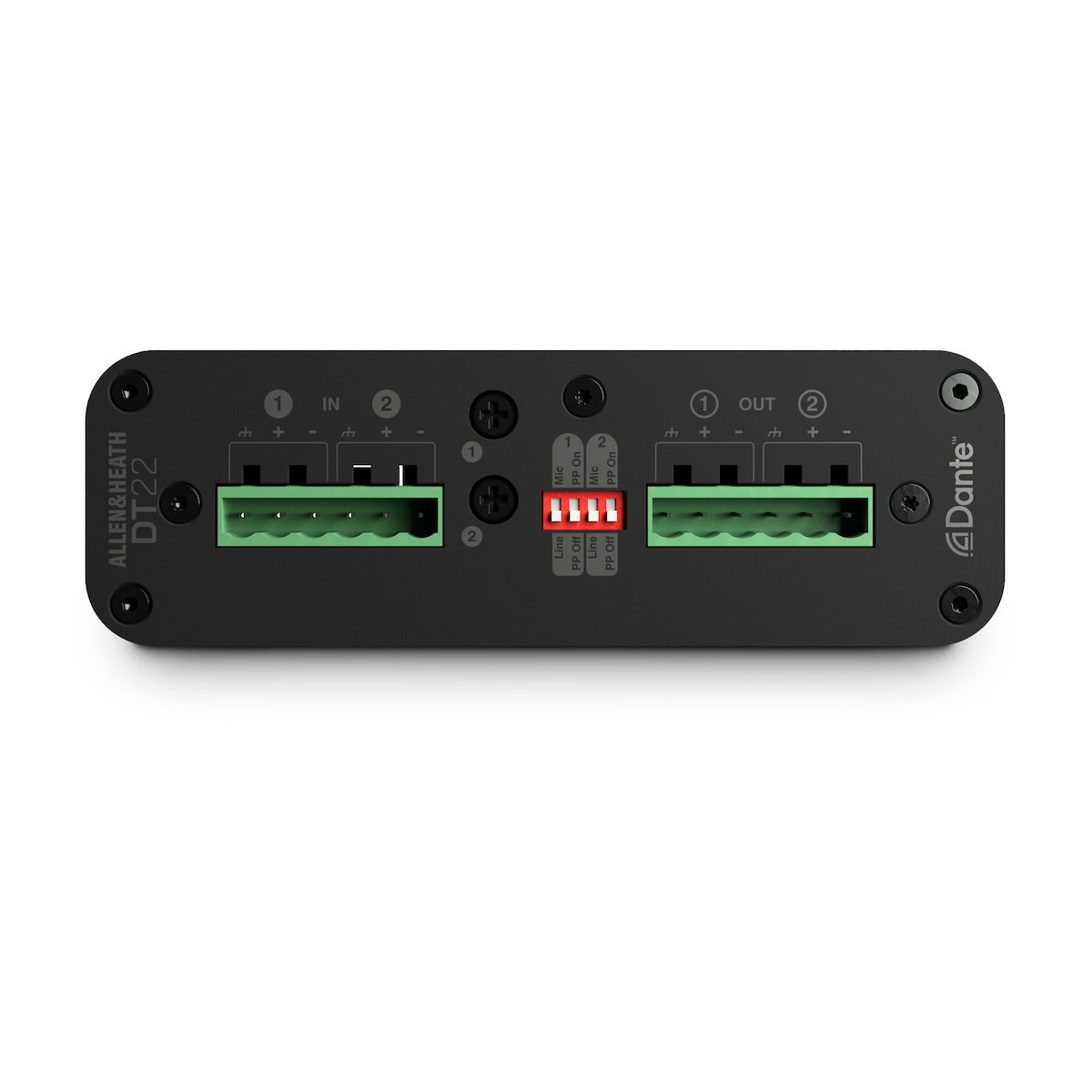 Allen & Heath DT22 - Dante I/O Interface with 2 Inputs, 2 Outputs, front