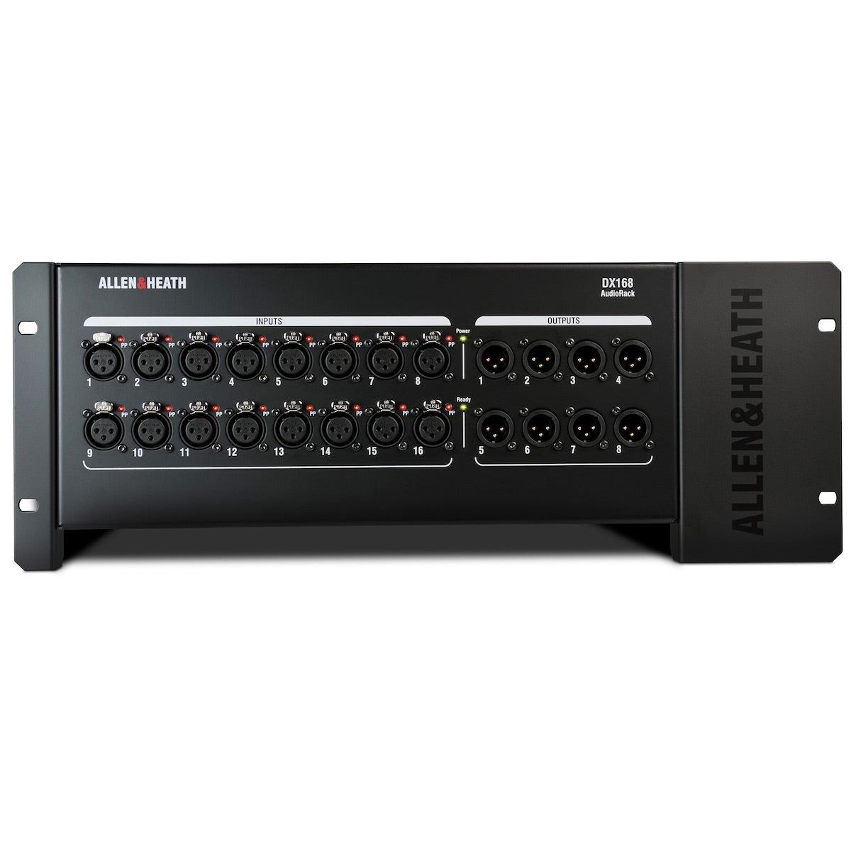 Allen & Heath DX168 - 16 XLR Input, 8 XLR Output, 96kHz DX Expander, front view with optional rack mount kit