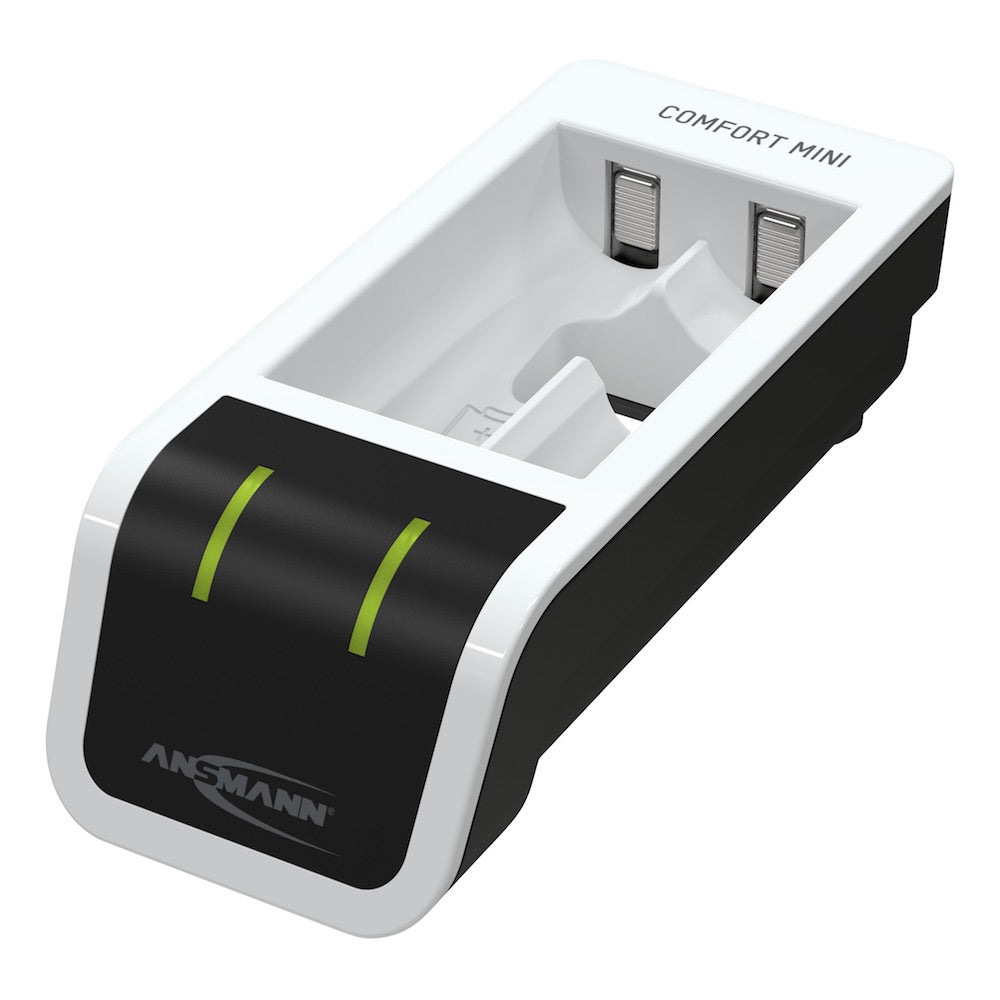 Ansmann Comfort Mini - USB Input Desktop Battery Charger, angle view, LEDs on