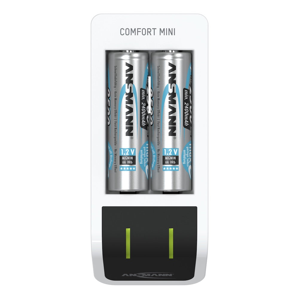 Ansmann Comfort Mini - USB Input Desktop Battery Charger, top view, LEDs on, with batteries