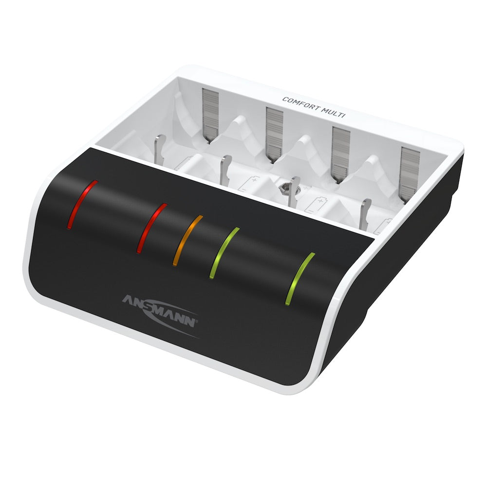 Ansmann Comfort Multi - USB Input Desktop Battery Charger, angle view, LEDs on