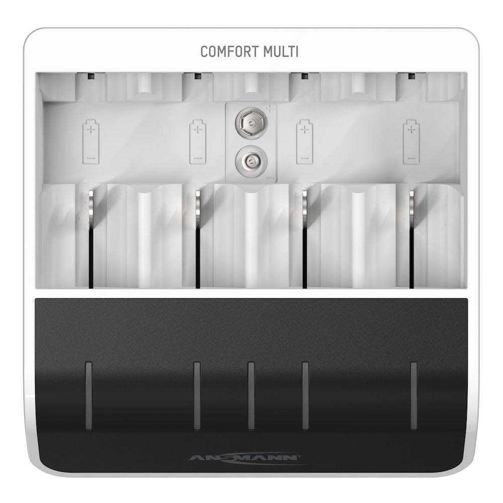 Ansmann Comfort Multi - USB Input Desktop Battery Charger, top view, LEDs off
