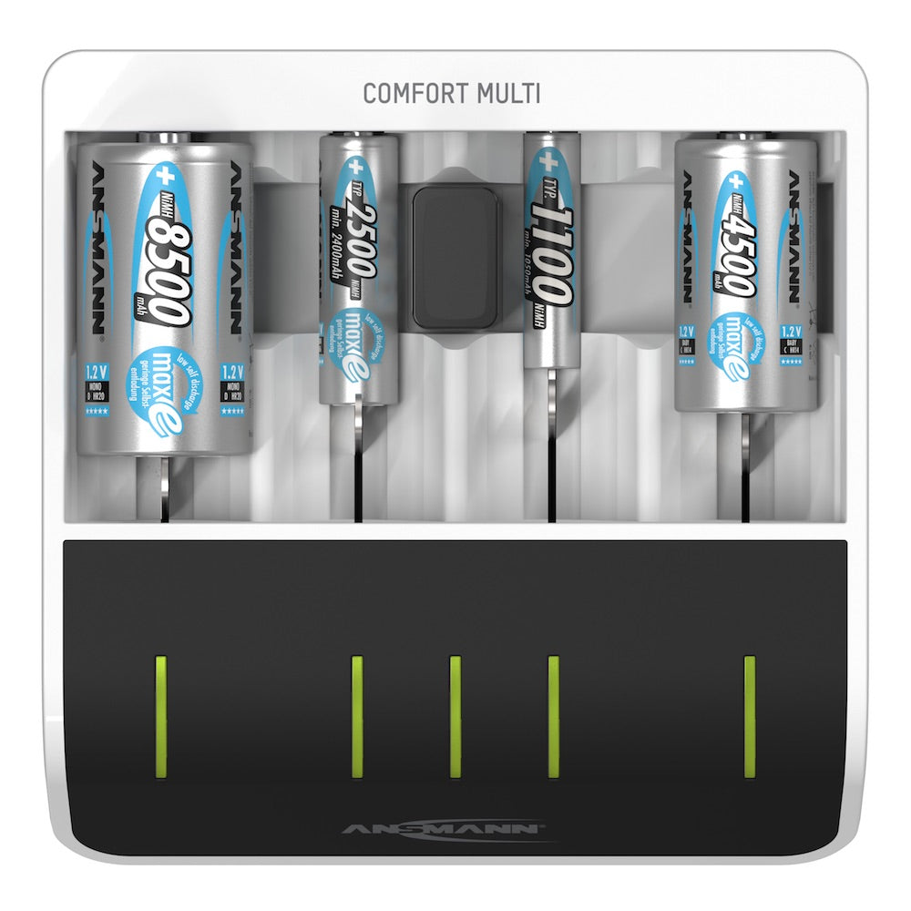 Ansmann Comfort Multi - USB Input Desktop Battery Charger, top view, LEDs on, with batteries