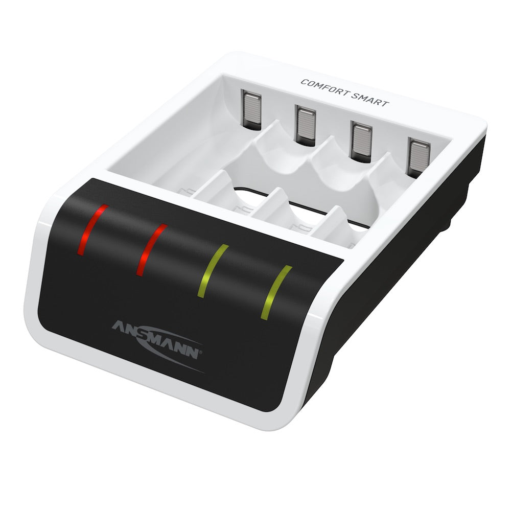 Ansmann Comfort Smart - USB Input Desktop Battery Charger, angle view, LEDs on