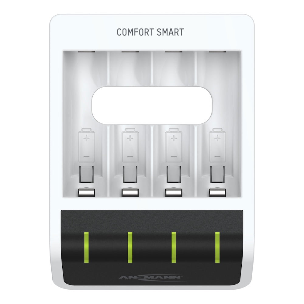 Ansmann Comfort Smart - USB Input Desktop Battery Charger, top view, LEDs on