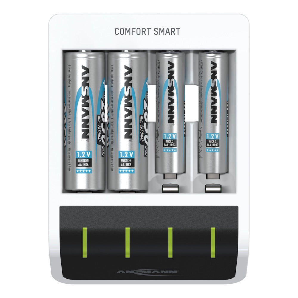 Ansmann Comfort Smart - USB Input Desktop Battery Charger, top view, LEDs on, with batteries