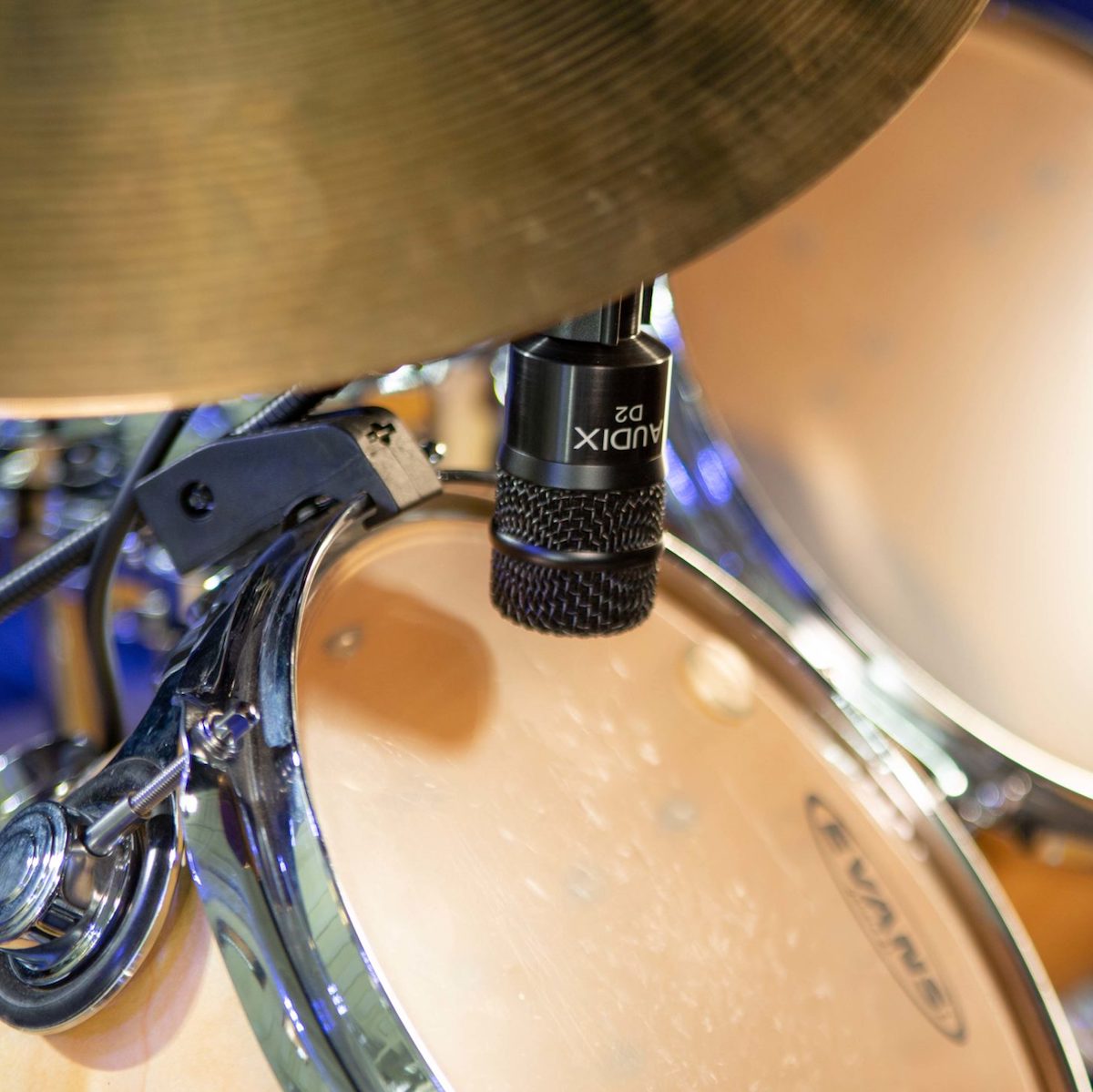 Audix D2 Professional Dynamic Instrument Microphone shown with drum set