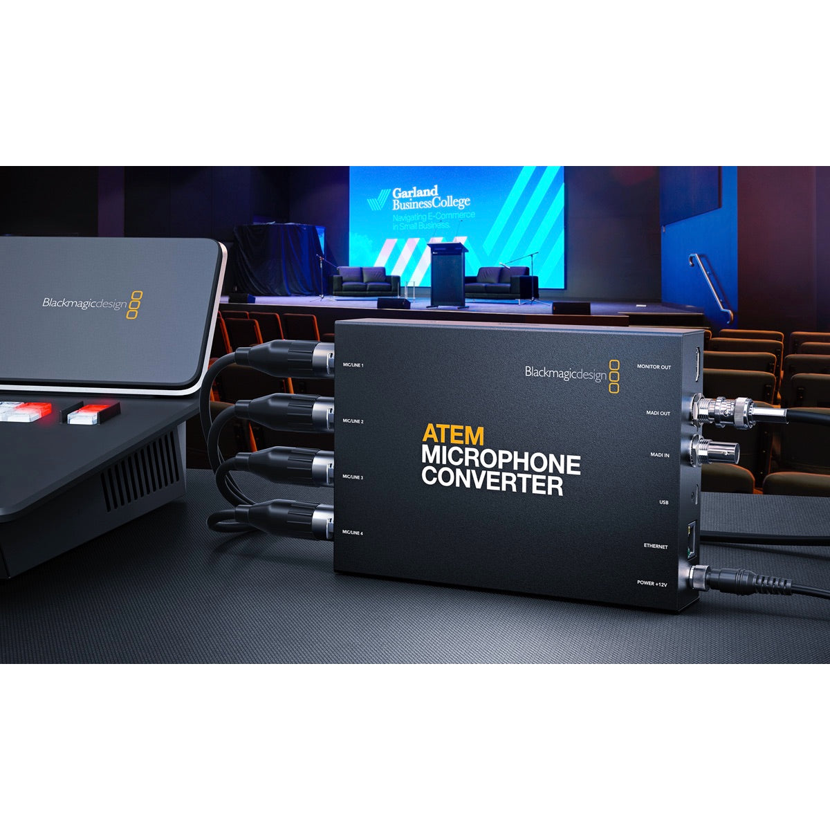 Blackmagic Design ATEM Microphone Converter connected to a ATEM Television Studio video switcher
