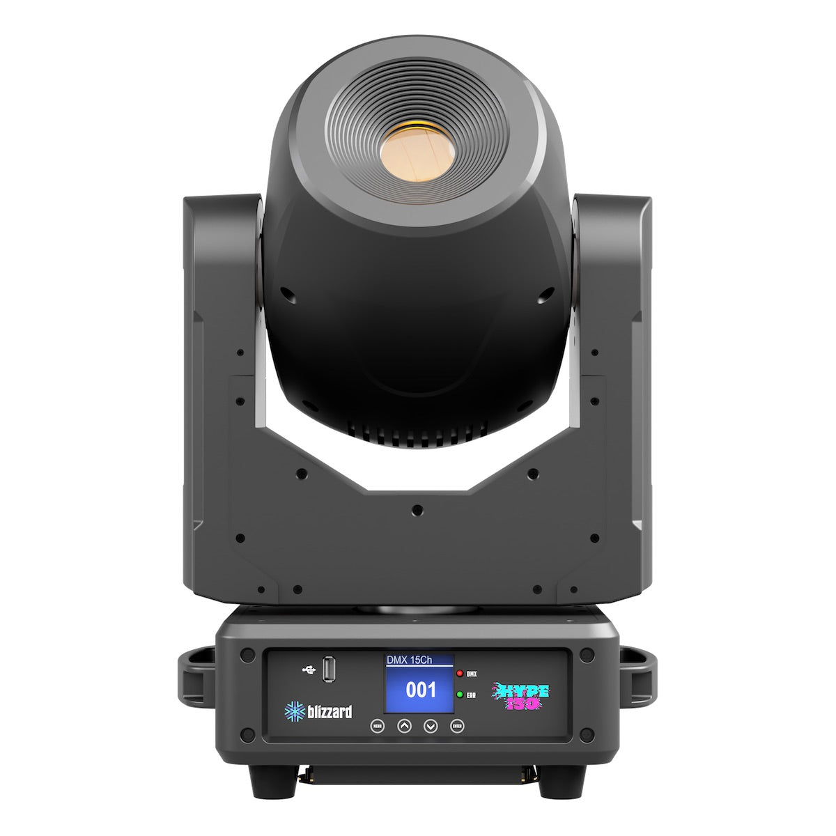 Blizzard Lighting Hype 150 - 150W LED Spot Moving Head Fixture, front orange